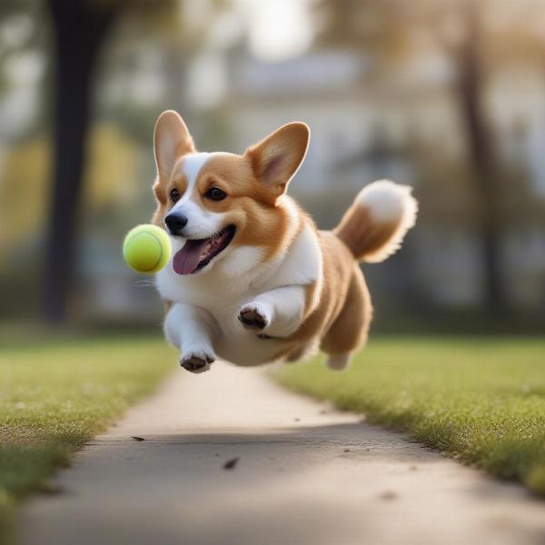 Corgi wearing jeans playing fetch