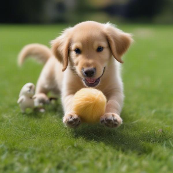 Dog playing with a squirrel shaped dog toy