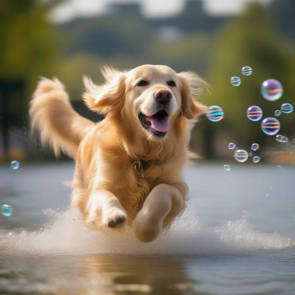 Dog chasing bubbles