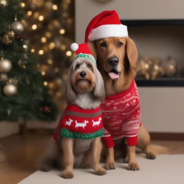 Dog and Santa Posing for Christmas Photos with Props