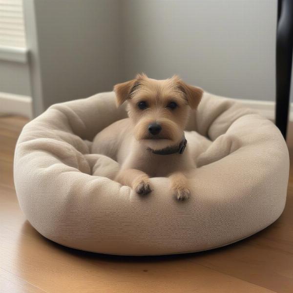 Dog curled up in a round bed