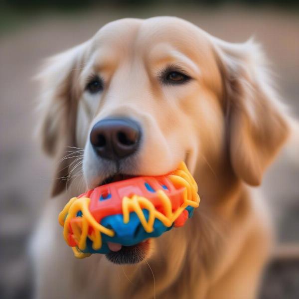 Dog licking a toy