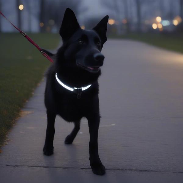 Black Dog Wearing Reflective Collar Walking at Night