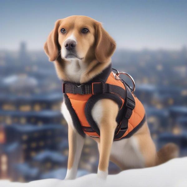 Dog wearing a harness with a winter coat