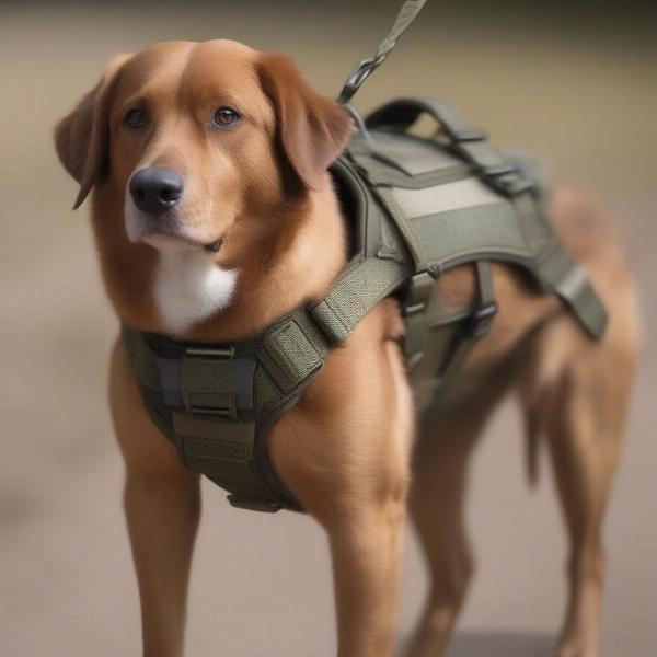 Dog wearing a military harness