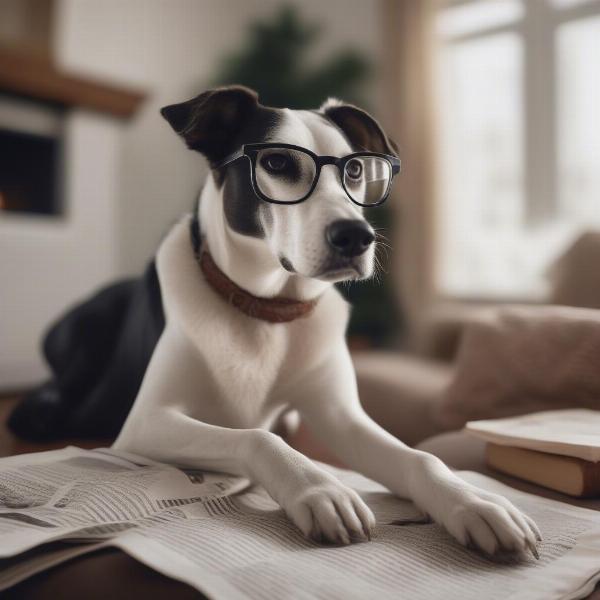 Dog wearing glasses reading a newspaper