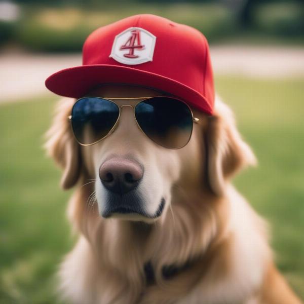 Dog wearing a baseball cap outdoors