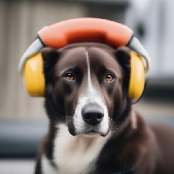 Dog wearing noise-cancelling earmuffs