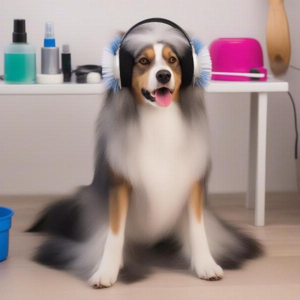 Dog wearing ear muffs while being groomed