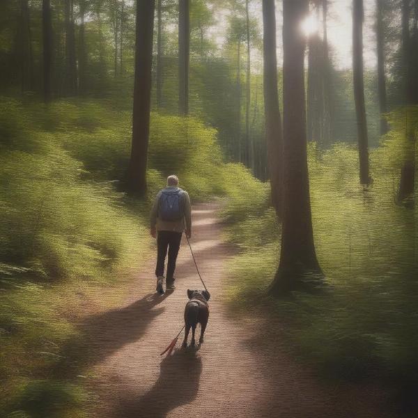 Dog hiking on a trail