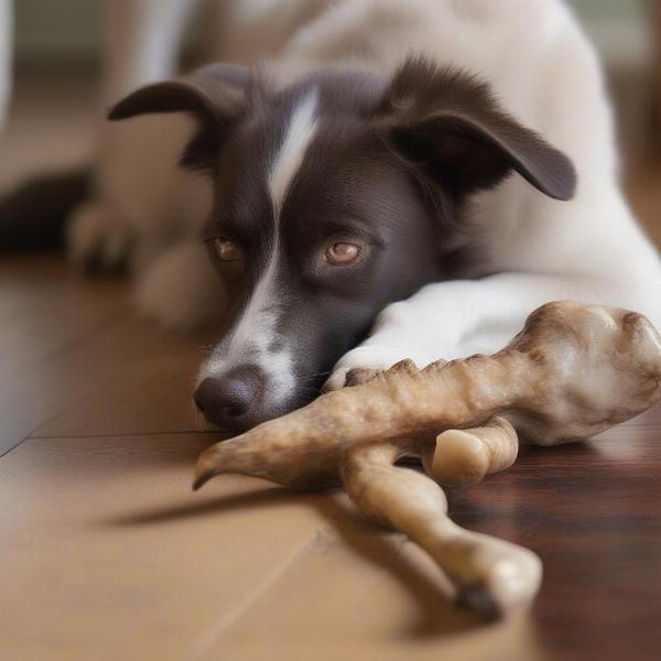 Dog chewing a lamb horn