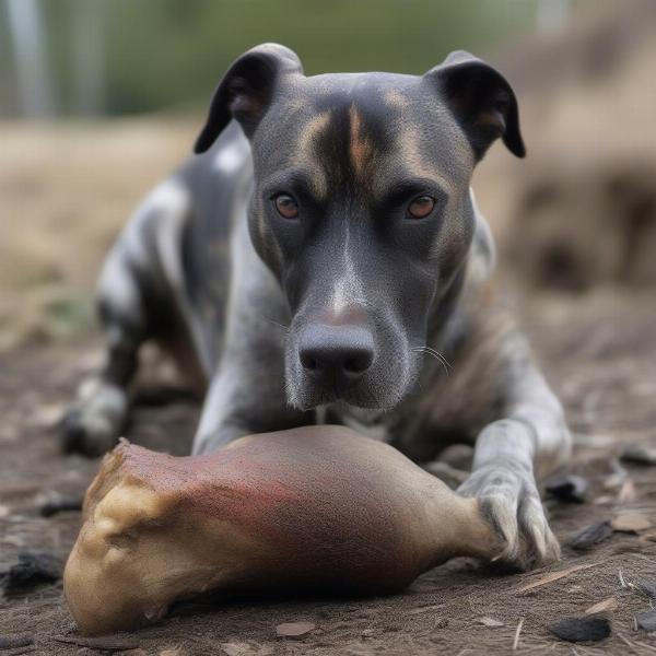 Dog chewing a cow hoof