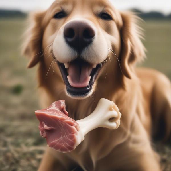 Dog gnawing on a beef marrow bone