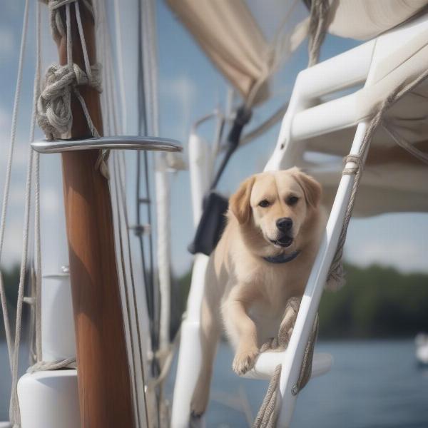 Dog climbing a boat ladder