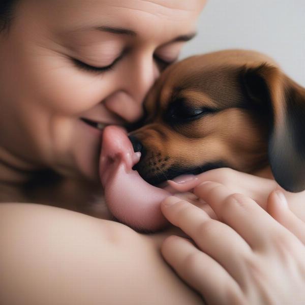 Dog licking owner's belly button