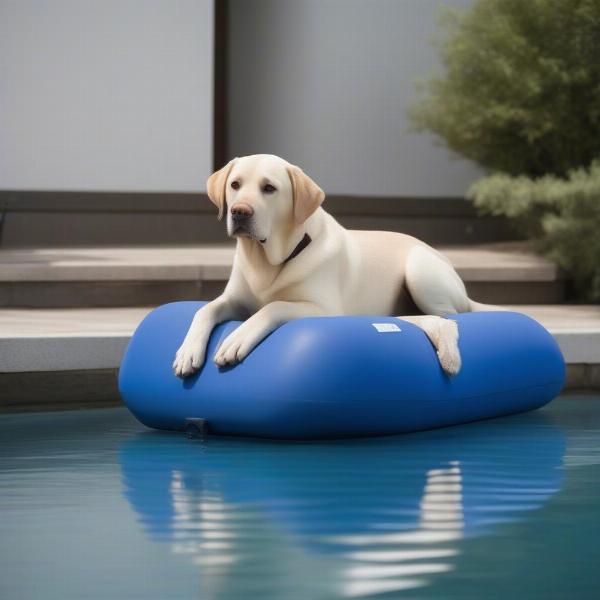 Large dog resting on a raft with a ramp