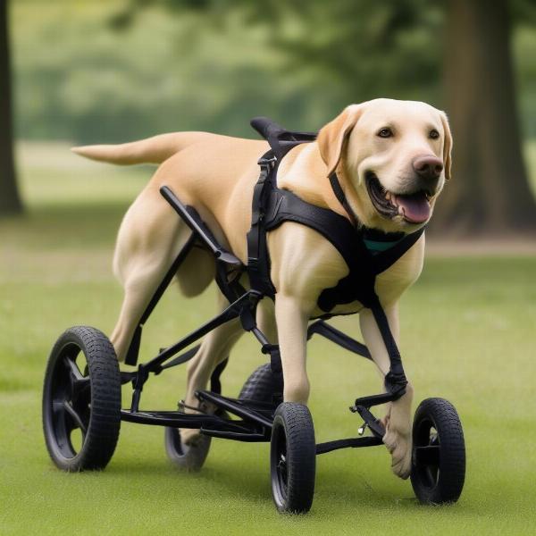 Large dog using wheelchair outdoors