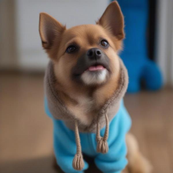 A small brown dog wearing a blue hoodie sitting on a wooden floor