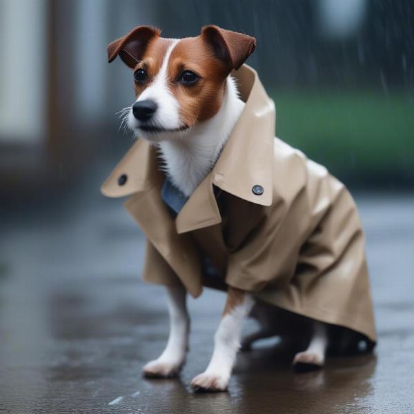 A dog wearing a trench coat in the rain