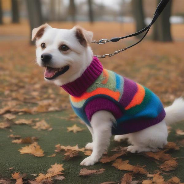 Dog wearing a turtleneck sweater on a walk