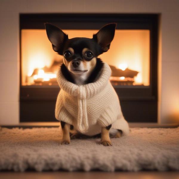 Dog wearing a knitted jumper sitting in front of a fireplace