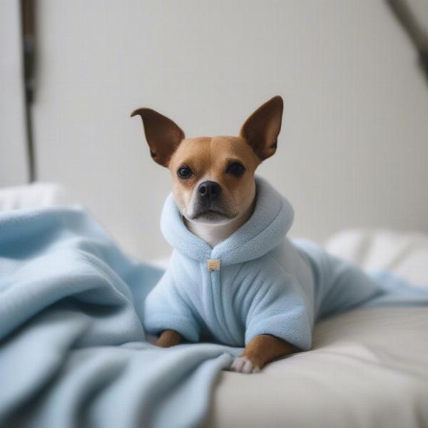 Dog wearing a onesie lying down