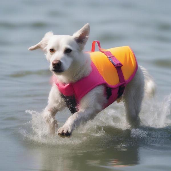 Dog wearing a life vest and bathing suit