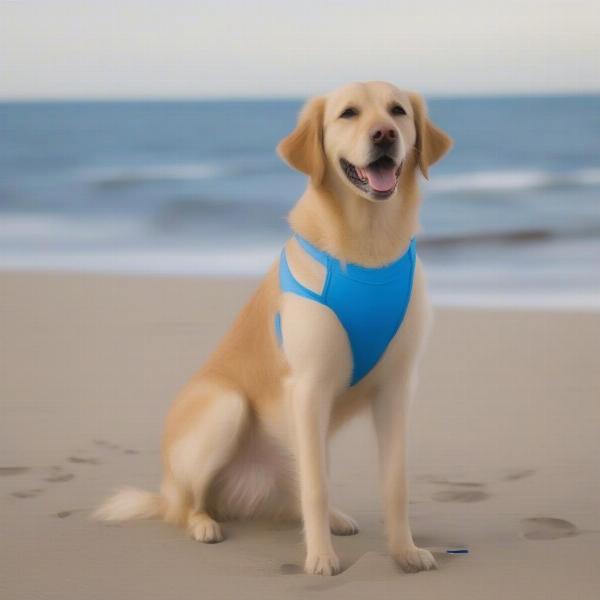 Dog wearing a swim suit at the beach