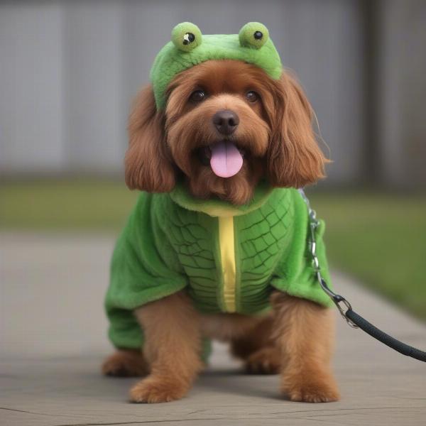 Dog walking in a crocodile costume