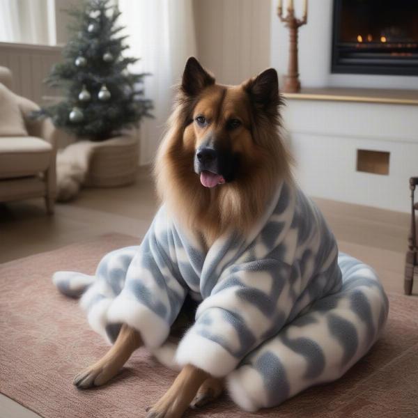 Dog wearing pyjamas in front of a fireplace