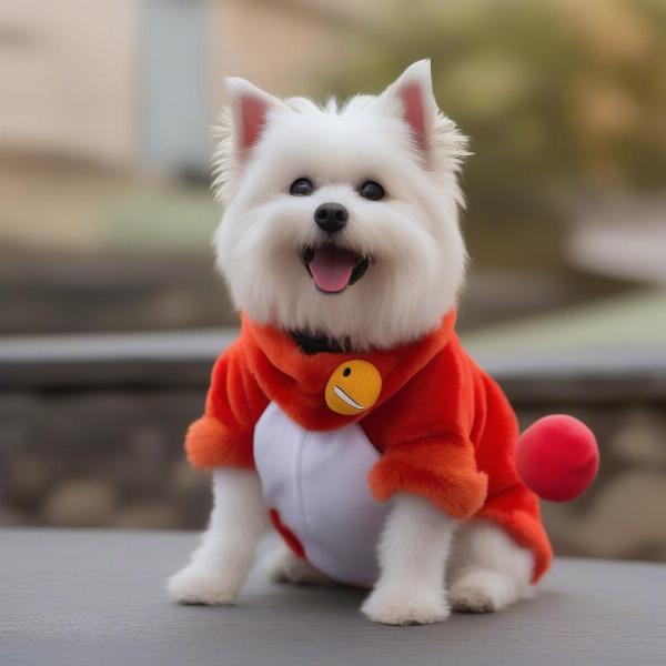 Dog wearing an Elmo costume