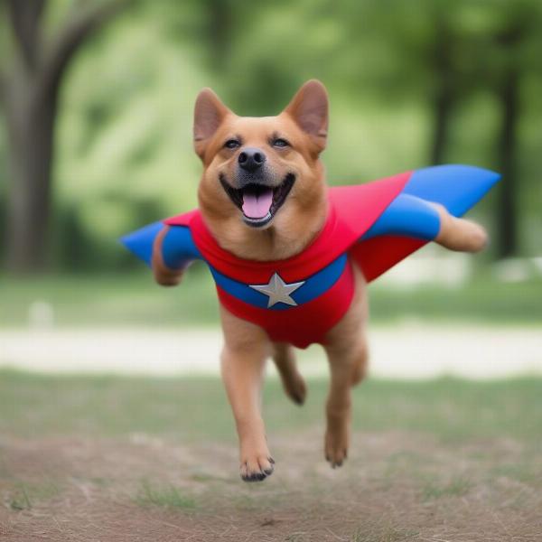 Dog dressed as a superhero with fake arms