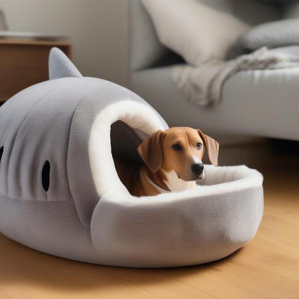 Dog Lying in a Shark-Shaped Bed