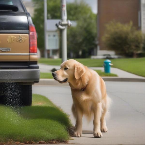 A dog sniffing a fire hydrant