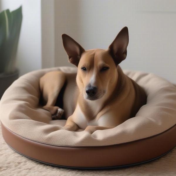 Dog sleeping peacefully on a wooden dog bed