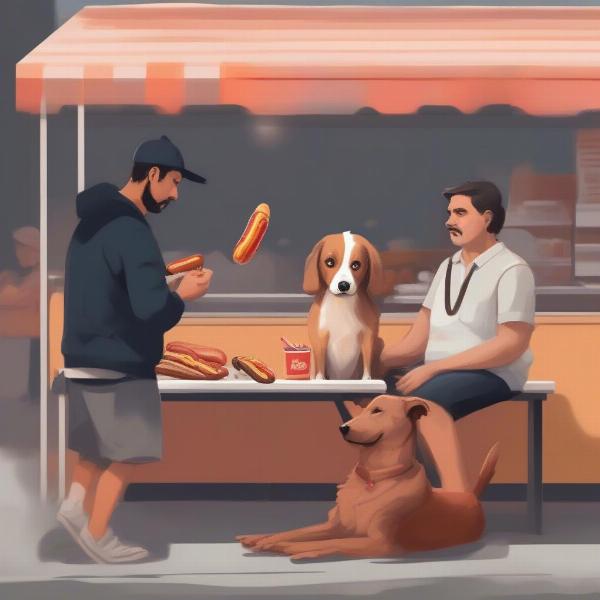 Dog looking intently at a hot dog cart