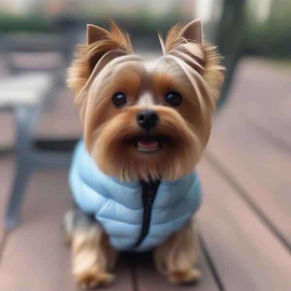 Small dog wearing a blue puffer coat