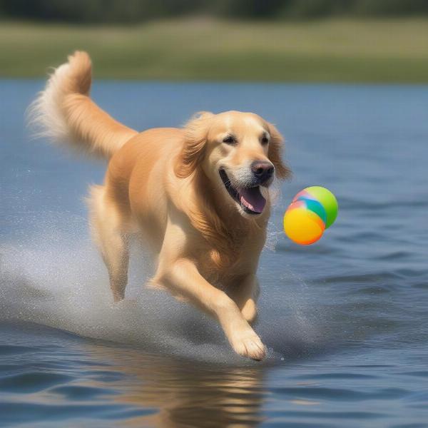 Dog fetching a ball on the water