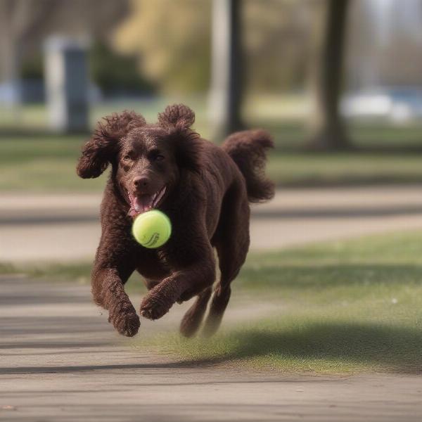 Chocolate Doodle dog playing fetch in a park