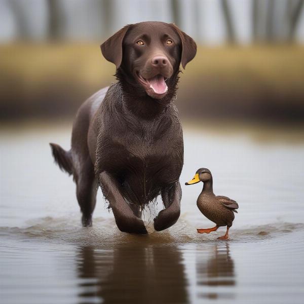 Chocolate Lab retrieving a duck from the water