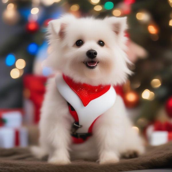 Dog wearing a Santa Claus Christmas harness.