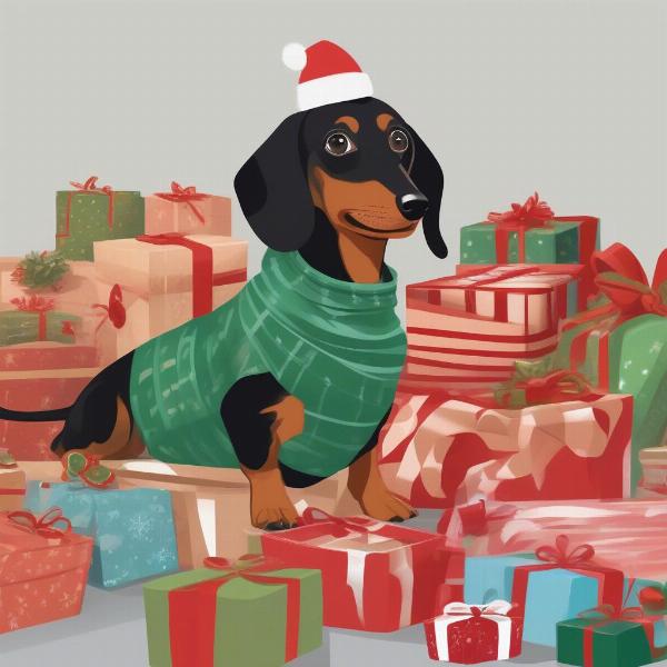 A dachshund surrounded by Christmas presents.