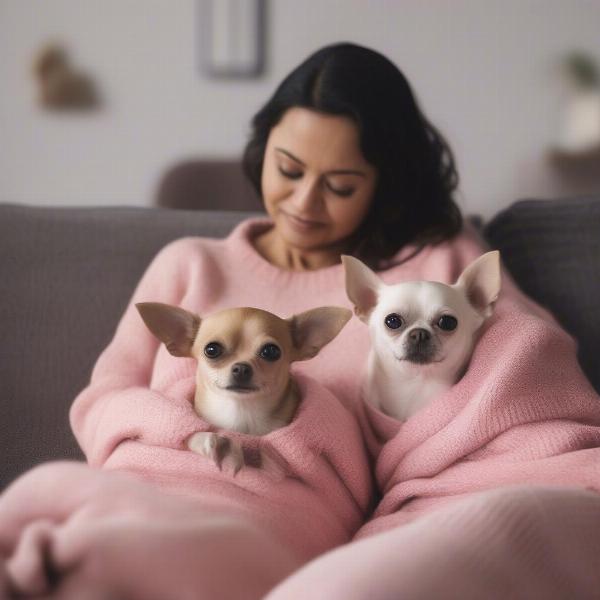 Pregnant woman and dog wearing matching outfits