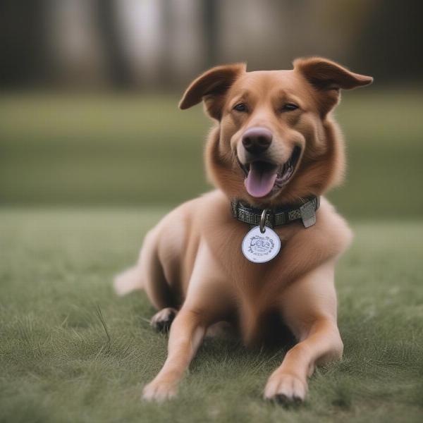 A happy dog wearing a collar with a tag.