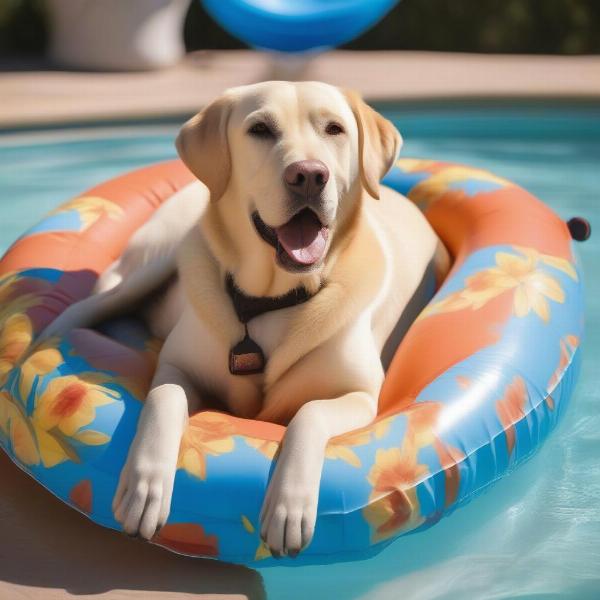 Dog relaxing on a raft