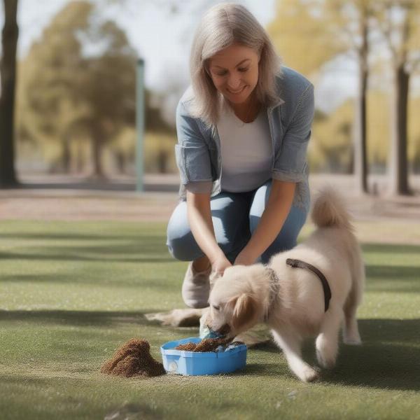 Dog owner picking up dog poop at the dog park