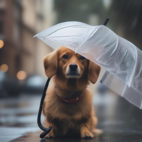 A person holding a dog umbrella over a small dog, keeping the dog dry and sheltered from the rain.