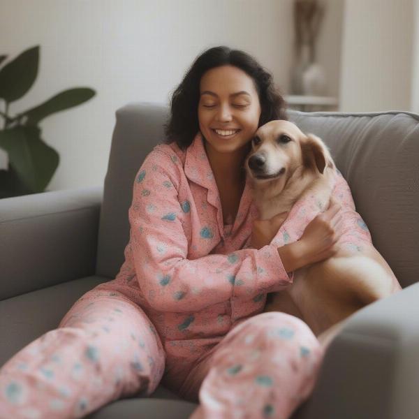 Dog and owner cuddling in matching pajamas