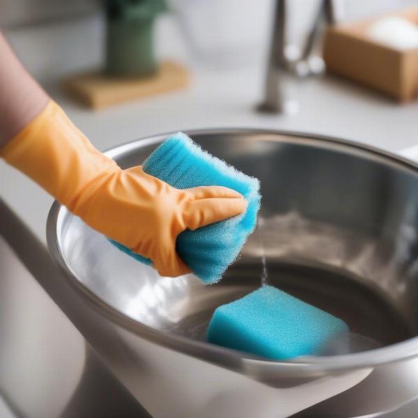 A person cleaning a dog kennel water bowl with soap and water.