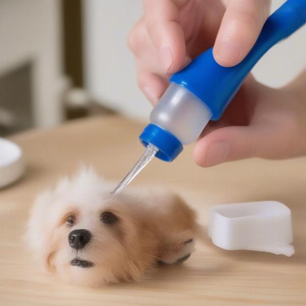 Cleaning a dog whistle with a small brush and soapy water